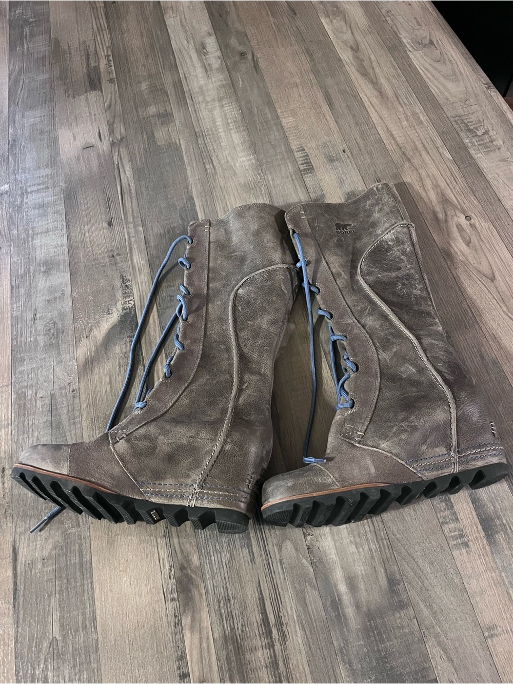 Sorel Women's Tall Lace-Up Boots in Distressed Brown with Light Blue Laces